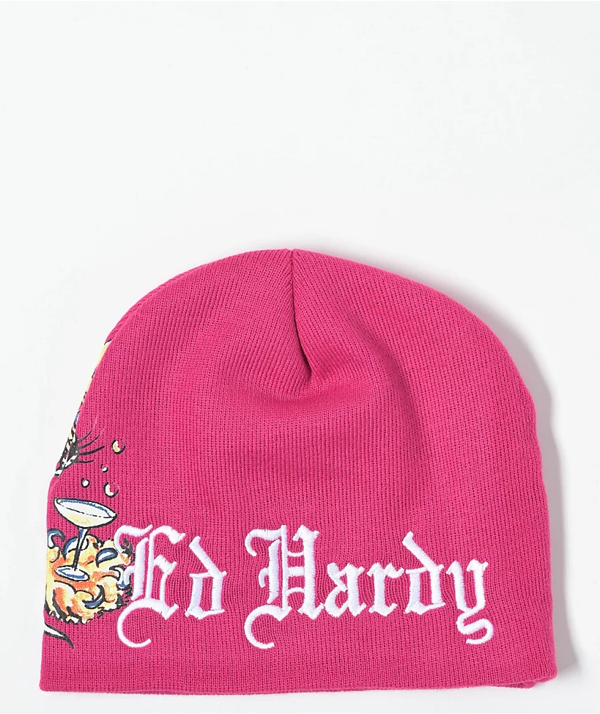 Ed Hardy Tiger Crown Hot Pink Beanie