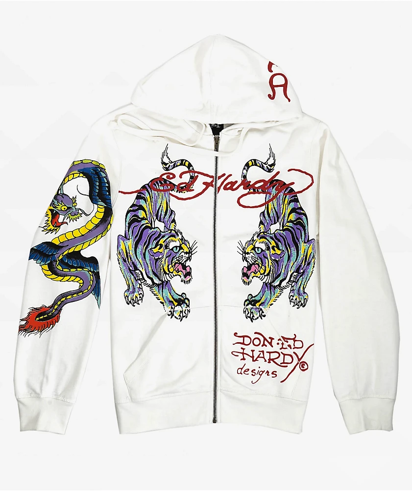 Ed Hardy Tiger Dragon Ivory Zip Hoodie