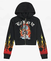 Ed Hardy Tiger Flame Black Crop Zip Hoodie