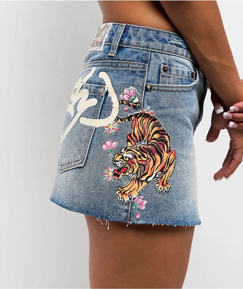 Ed Hardy Tiger Flowers Medium Wash Cutoff Mini Skirt