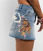 Ed Hardy Tiger Flowers Medium Wash Cutoff Mini Skirt