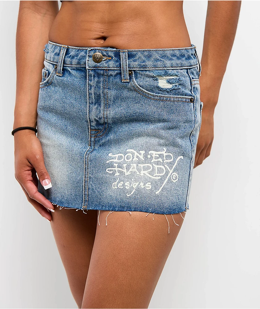 Ed Hardy Tiger Flowers Medium Wash Cutoff Mini Skirt