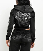 Ed Hardy Tiger Head Black Velour Crop Zip Hoodie