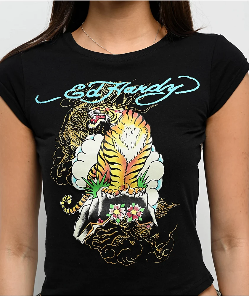 Ed Hardy Tiger Mountain Black Cap Sleeve T-Shirt