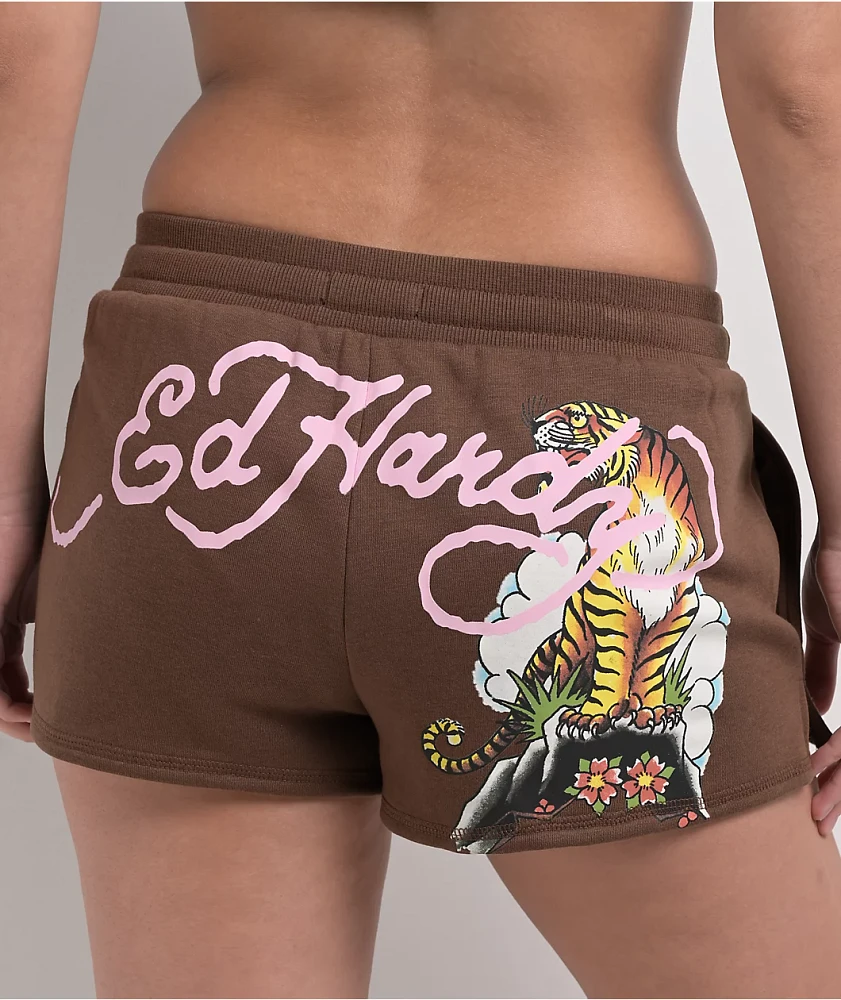 Ed Hardy Tiger Mountain Brown Sweat Shorts