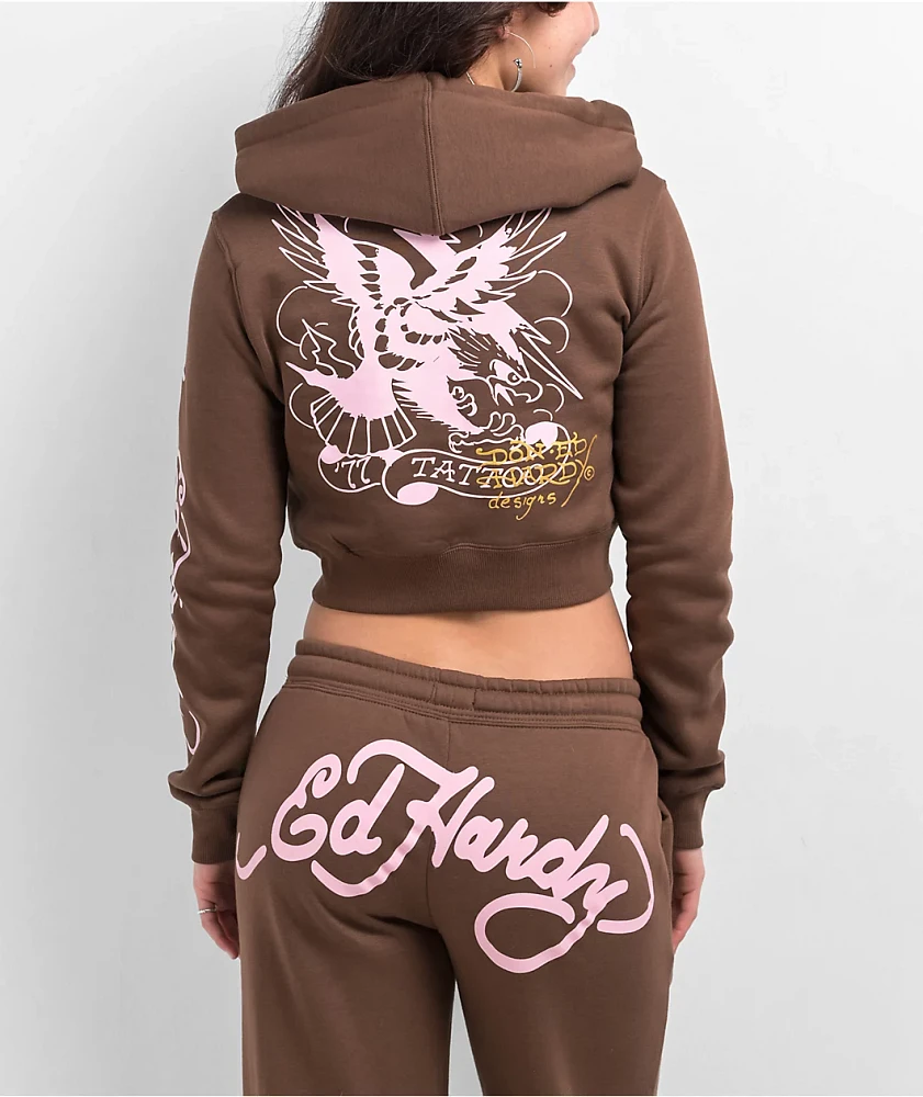 Ed Hardy Tiger Mountain Cocoa Crop Zip Hoodie