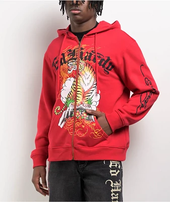 Ed Hardy Tiger Mountain Red Zip Hoodie