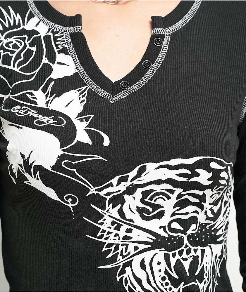 Ed Hardy Tiger Rose Black Thermal Long Sleeve Notched T-Shirt