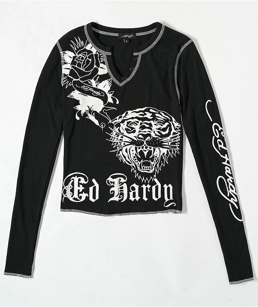 Ed Hardy Tiger Rose Black Thermal Long Sleeve Notched T-Shirt