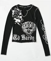 Ed Hardy Tiger Rose Black Thermal Long Sleeve Notched T-Shirt