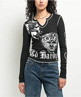 Ed Hardy Tiger Rose Black Thermal Long Sleeve Notched T-Shirt