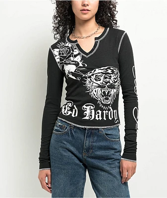 Ed Hardy Tiger Rose Black Thermal Long Sleeve T-Shirt