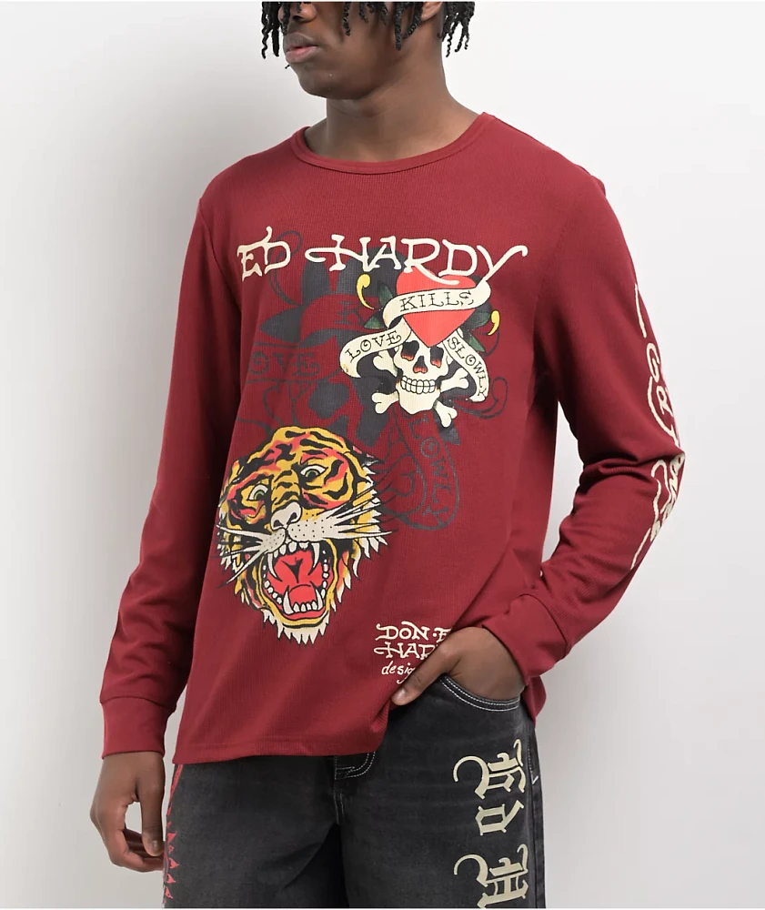 Ed Hardy Tiger Skull Wine Thermal Long Sleeve T-Shirt