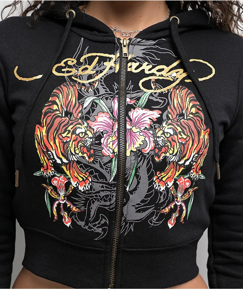 Ed Hardy Tigers Orchid Black Crop Zip Hoodie