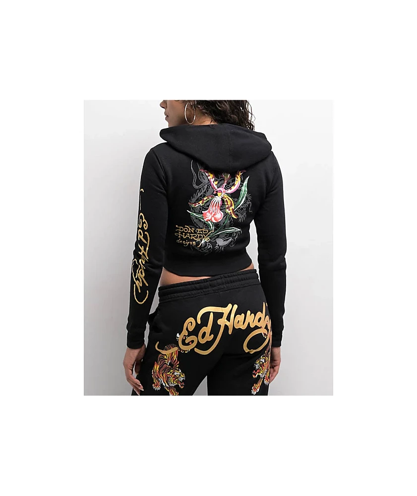 Ed Hardy Tigers Orchid Black Crop Zip Hoodie