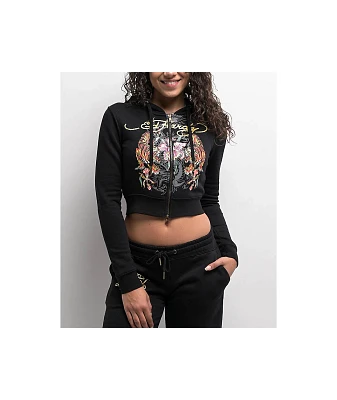 Ed Hardy Tigers Orchid Black Crop Zip Hoodie