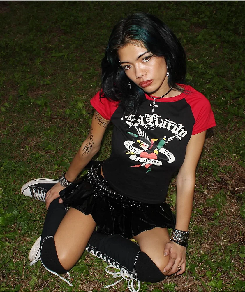 Ed Hardy True Eagle Raglan Black & Red Crop T-Shirt