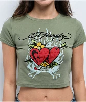 Ed Hardy Two Hearts Rhinestone Olive Crop T-Shirt