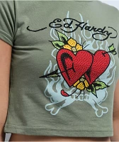 Ed Hardy Two Hearts Rhinestone Olive Crop T-Shirt