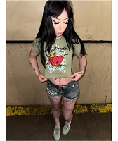Ed Hardy Two Hearts Rhinestone Olive Crop T-Shirt
