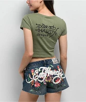 Ed Hardy Two Hearts Rhinestone Olive Crop T-Shirt