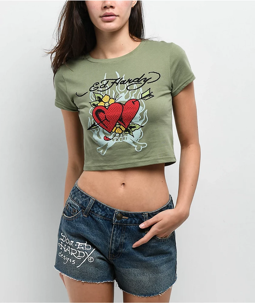 Ed Hardy Two Hearts Rhinestone Olive Crop T-Shirt