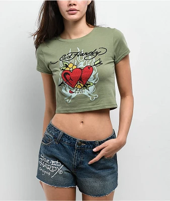 Ed Hardy Two Hearts Rhinestone Olive Crop T-Shirt