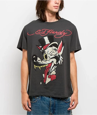 Ed Hardy Wolf Head Rhinestone Charcoal T-Shirt