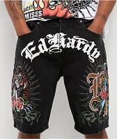 Ed Hardy x Broken Promises Love Scars Black Denim Shorts