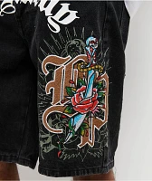 Ed Hardy x Broken Promises Love Scars Black Denim Shorts