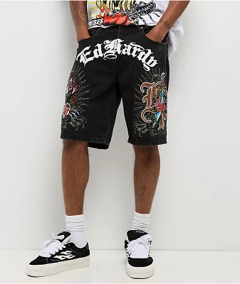 Ed Hardy x Broken Promises Love Scars Black Denim Shorts