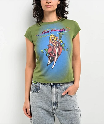 Ed Hardy x Kim Petras Dagger Girl Green Crop T-Shirt