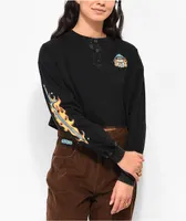 Empyre Alaska Flame Skull Black Crop Long Sleeve Henley T-Shirt