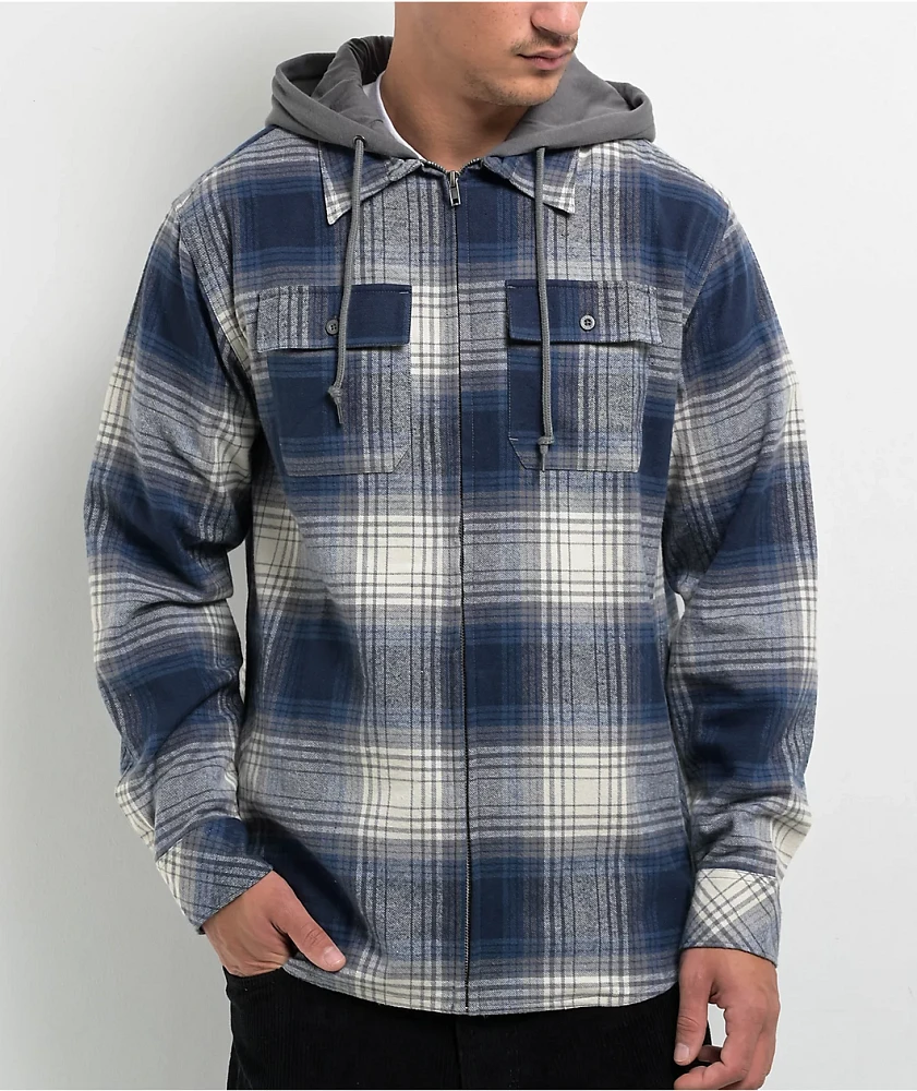 Empyre Browser Navy & White Plaid Hooded Zip Flannel Shirt