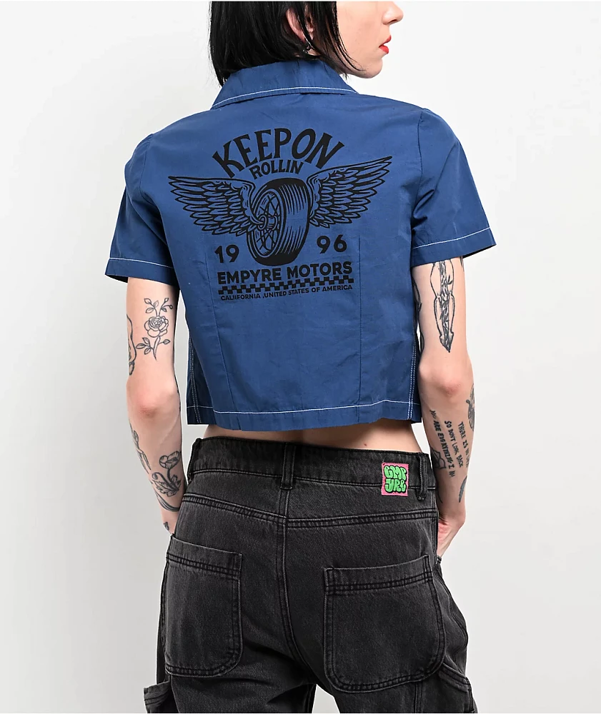 Empyre Bucky Keep On Blue Button Up Crop T-Shirt