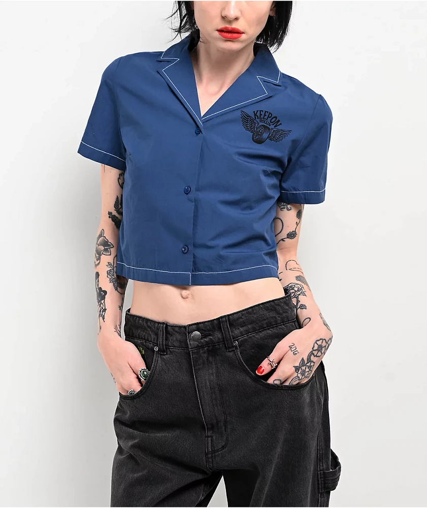 Empyre Bucky Keep On Blue Crop Button Up Shirt