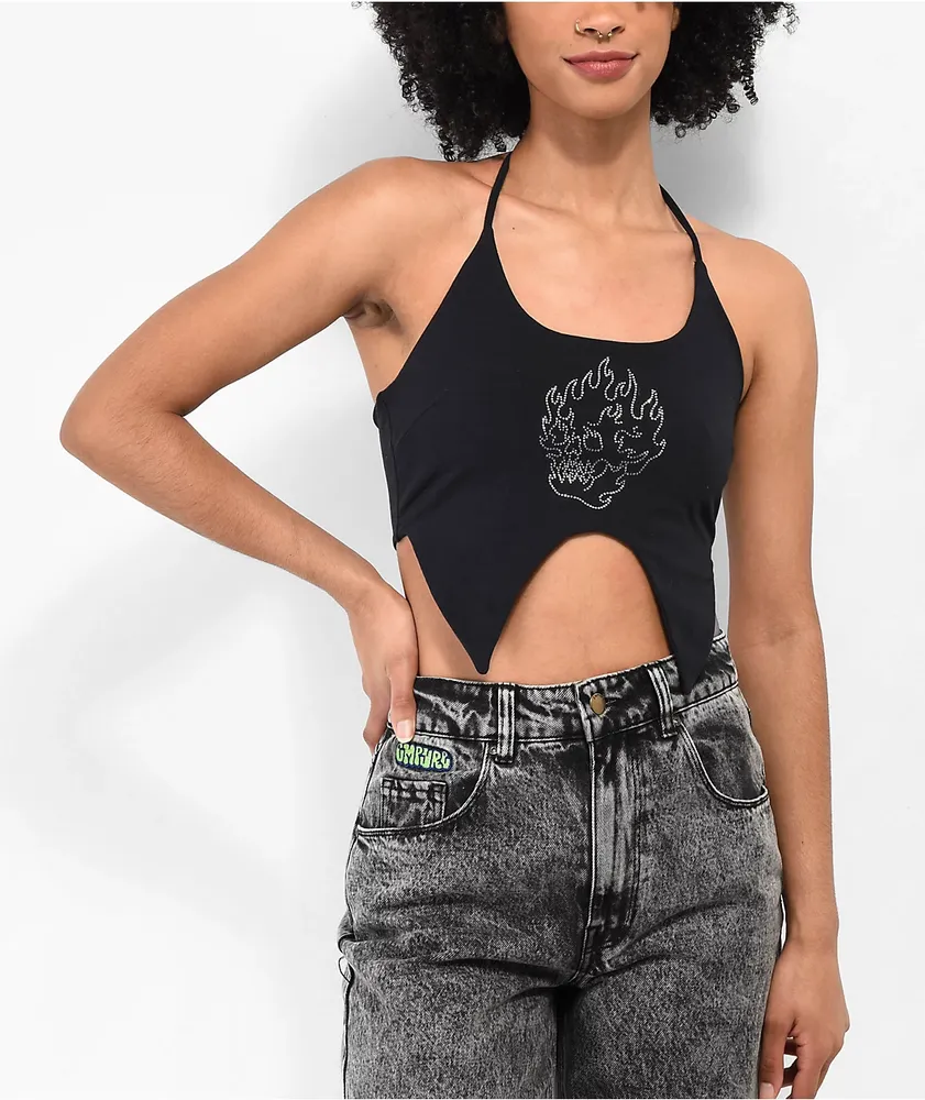 Empyre Flora Rhinestone Black Halter Top