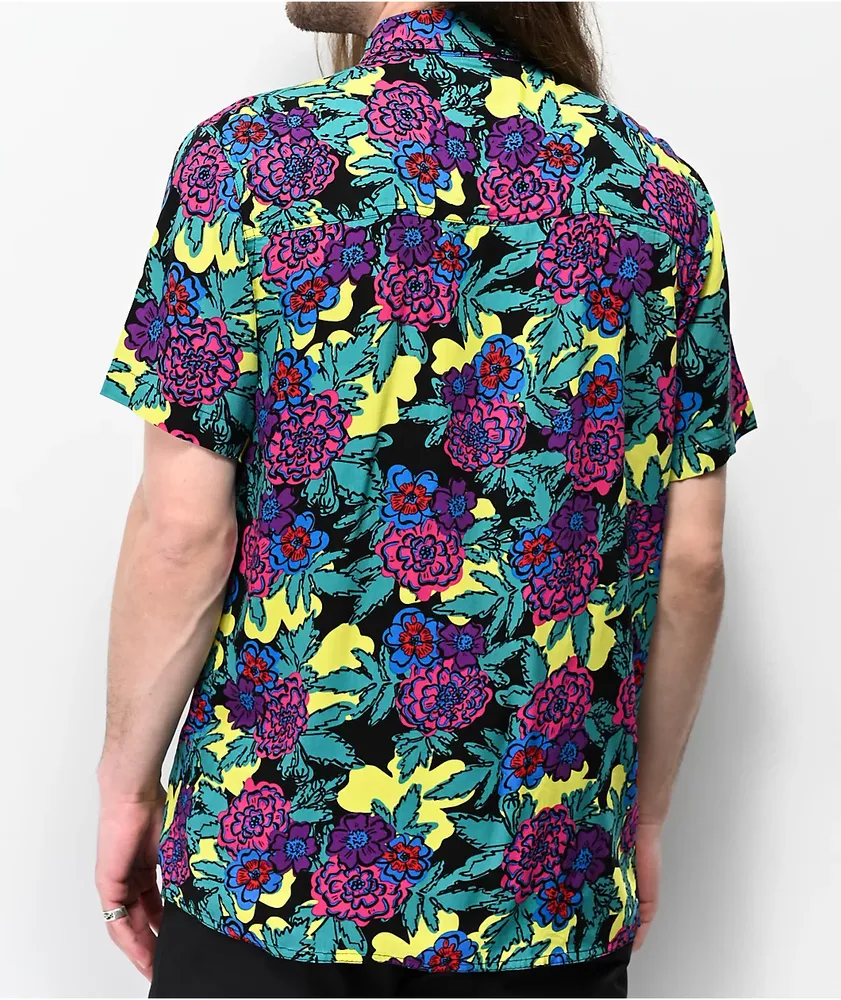 Empyre Floral Black, Yellow & Teal Woven Short Sleeve Button Up Shirt