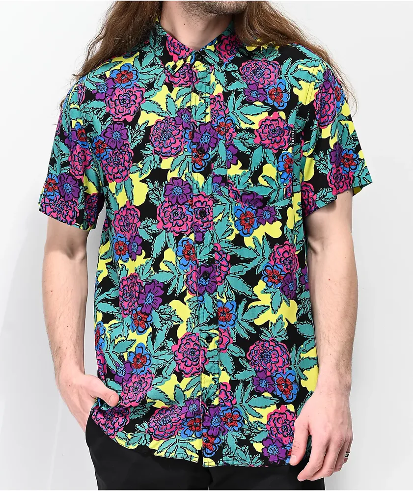 Empyre Floral Black, Yellow & Teal Woven Short Sleeve Button Up Shirt