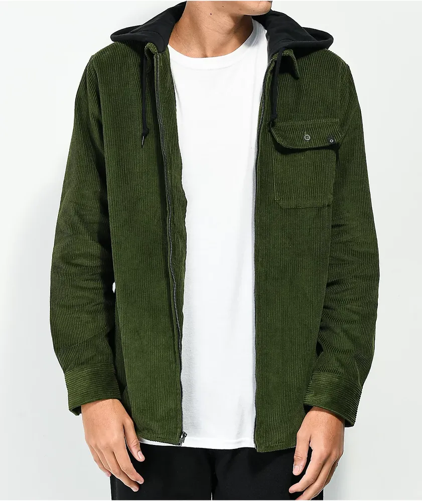 Empyre Fluke Green Hooded Corduroy Woven Long Sleeve Shirt