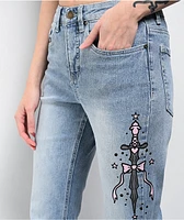 Empyre Glimmer Blossom Printed Light Blue Wash Mid Rise Flare Jeans