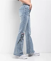 Empyre Glimmer Blossom Printed Light Blue Wash Mid Rise Flare Jeans