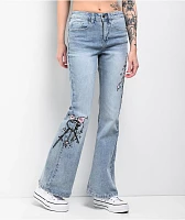 Empyre Glimmer Blossom Printed Light Blue Wash Mid Rise Flare Jeans