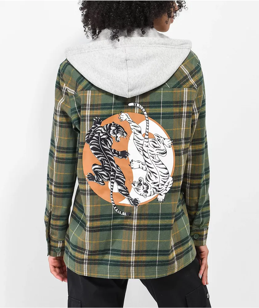 Empyre Holly Yin Yang Green & Grey Hooded Flannel Shirt