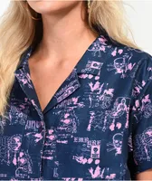 Empyre Kidd Mix Print Blue & Pink Crop Button Up Shirt