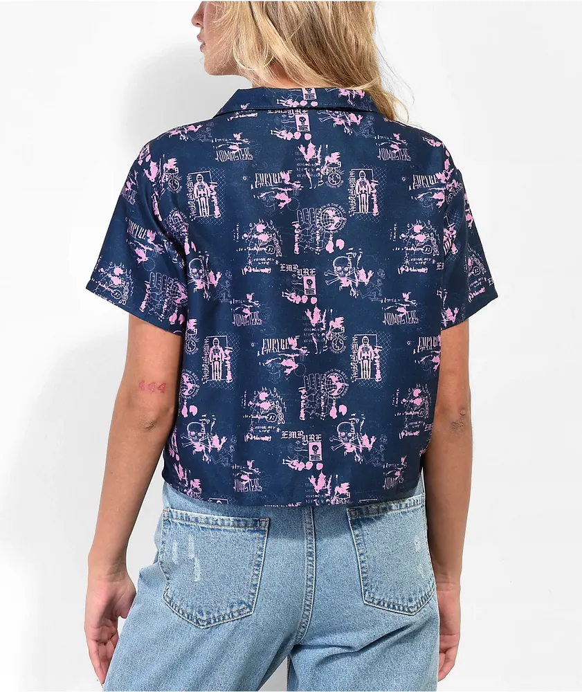 Empyre Kidd Mix Print Blue & Pink Crop Button Up Shirt