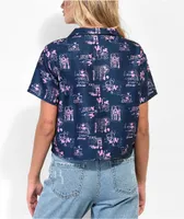 Empyre Kidd Mix Print Blue & Pink Crop Button Up Shirt