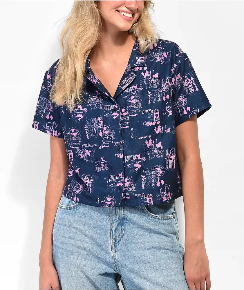 Empyre Kidd Mix Print Blue & Pink Crop Button Up Shirt