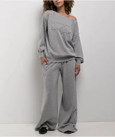 Empyre Lia Off Shoulder Applique Grey Crewneck Sweatshirt