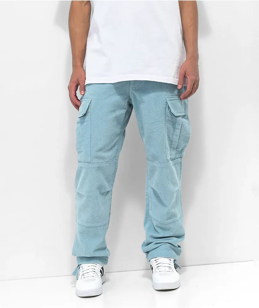 Mens Wide Leg Corduroy Cargo Pants Sky Blue 